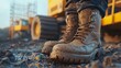© HuynhThiThuy - A close-up of rugged, mud-covered boots on loose gravel, blurred scaffolding and yellow construction machinery in the background, warm afternoon light creating subtle highlights, vivid realism,