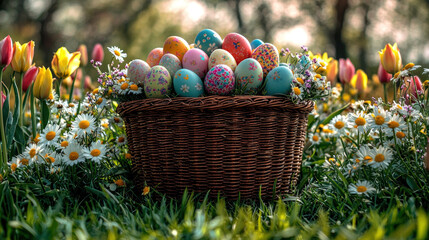 Wall Mural - Basket of colorful Easter eggs nestled in spring flowers.