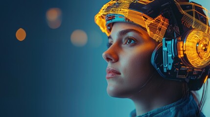 Sticker - Futuristic portrait of a woman wearing glowing technology headset