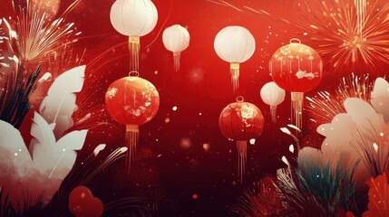 Wall Mural - Traditional Chinese New Year illustration with a bold red background delicate gold accents, white ornaments, glowing red lanterns, and bursting fireworks, creating depth with a three-dimensional style