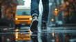 © HuynhThiThuy - A realistic close-up of courier sneakers stepping on a slightly wet sidewalk, faint puddle reflections, blurred delivery van in motion in the background, vivid afternoon colors,
