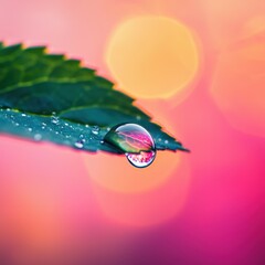 Poster - Water Droplet on Leaf with Colorful Background and Bokeh Effect