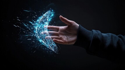 Poster - A hand reaching out, surrounded by glowing digital particles, symbolizing technology and connection in a dark background.