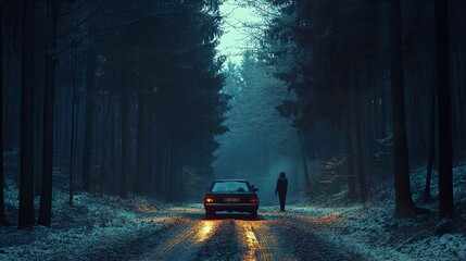 Canvas Print - Enigmatic Winter Forest Road at Night