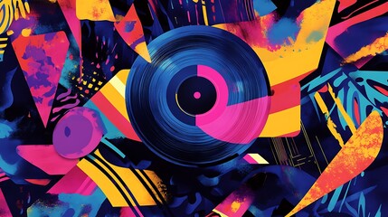 Aufkleber - A record player surrounded by vibrant abstract elements, blending old-school charm with digital art