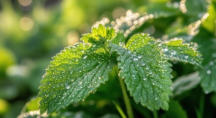 Poster - Fresh Green Leaf with Dew Drops in Natural Background Setting