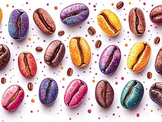 Sticker - Colorful coffee beans scattered on white background.