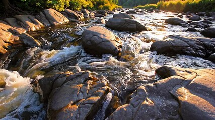 Poster - Flowing river over smooth rocks at sunset, nature tranquility concept