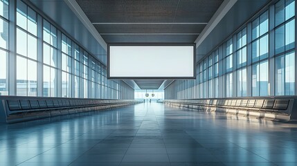 Poster - An empty advertising billboard in an airport terminal with passengers, on a glass and metal background, concept of travel advertising, HD image