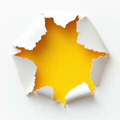 Poster - Torn White Paper with a Bright Yellow Hole Exposing a Vivid Color Behind the Surface, Creative and Artistic Concept for Background Design