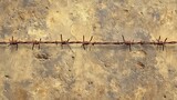 Rusted barb wire is against aged, textured, grey-brown, concrete.