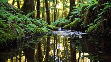 Poster - Forest stream surrounded by lush ferns and moss, tranquil nature scene. Serenity and relaxation concept