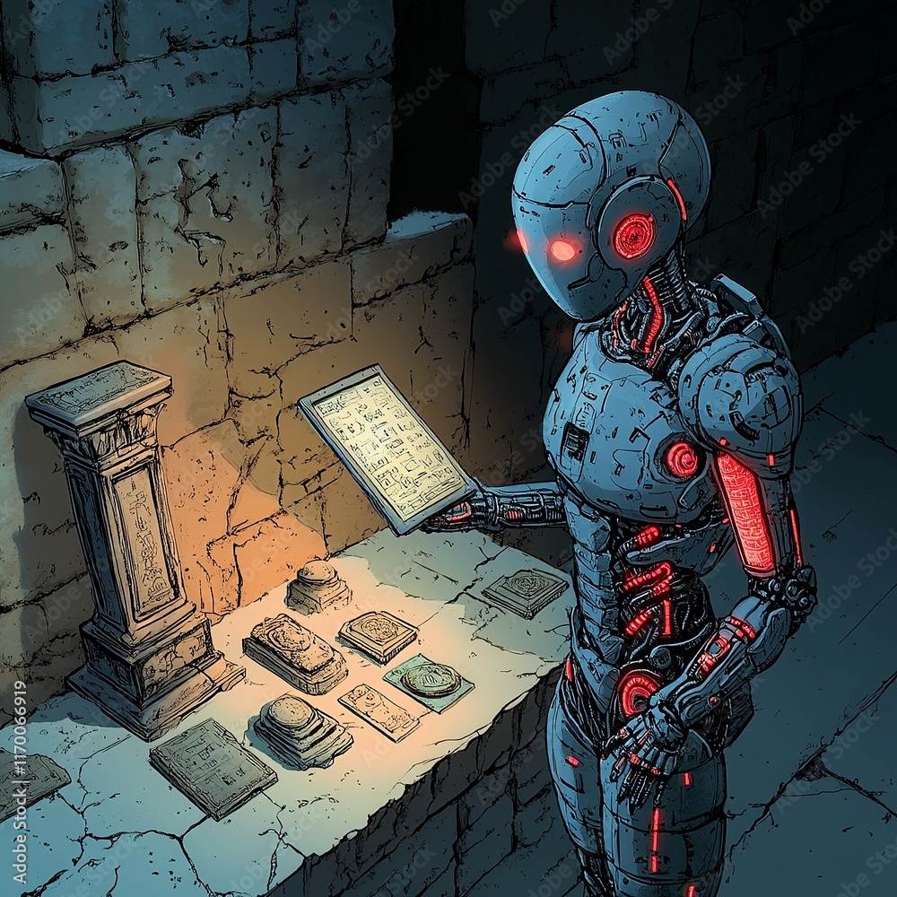 gothic illustration of an AI automaton cataloging ancient artifacts in ...