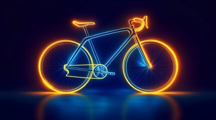Poster - A glowing neon bicycle icon in vibrant blue and yellow, with glowing wheels and handlebars, symbolizing speed and freedom, glowing against a dark background