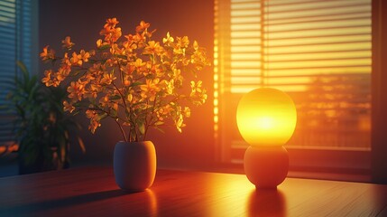 Poster - Warm sunset glow with flowers and a lamp on a table.