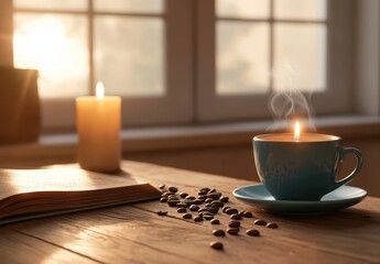 Wall Mural - Cozy Morning Scene with Coffee Cup and Candle on Wooden Table