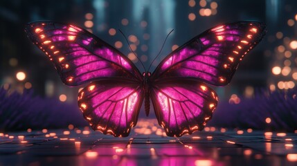 Poster - A vibrant, glowing butterfly in a futuristic setting.