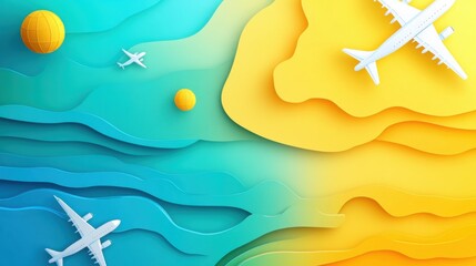 Wall Mural - world tourism day abstract background. featuring vibrant blues, greens, and yellows. highlighting tr