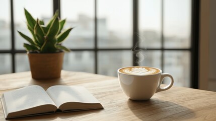 Wall Mural - Morning Coffee with Latte Art Next to Open Book and Plant