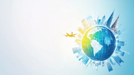Wall Mural - world tourism day abstract background. featuring vibrant blues, yellows, and greens. highlighting tr