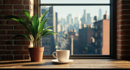 Wall Mural - Cozy Morning Scene with Coffee Cup and Plant by Window