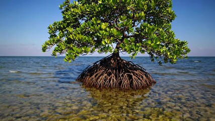 Poster - Solitary mangrove tree in shallow tropical waters with vibrant green leaves and intricate root system, ocean tranquility and nature concept
