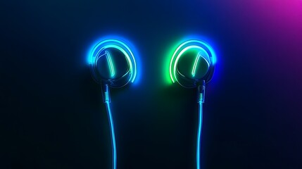 Poster - A glowing neon earbuds icon in bright blue and green, with glowing wires and soft pulsating light along the earbuds, symbolizing music and personal audio experience, glowing against a dark background