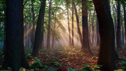 Poster - Sunlight streaming through dense forest trees with lush green foliage, tranquil natural landscape concept