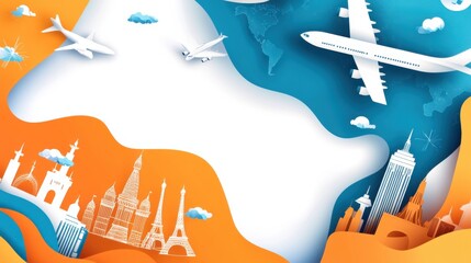 Wall Mural - world tourism day abstract background. featuring warm oranges, yellows, and greens. highlighting tra