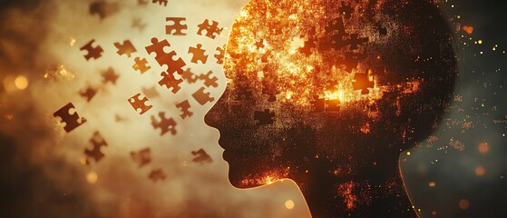 Poster - Abstract human head silhouette, floating puzzle pieces, glowing digital lights, symbolizing AI innovation and digital transformation