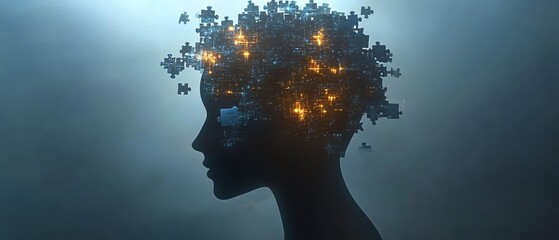 Poster - Abstract human head silhouette, floating puzzle pieces, glowing digital lights, symbolizing AI innovation and digital transformation