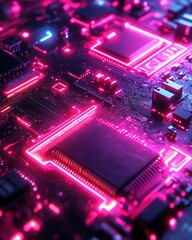 Poster - Futuristic circuit board with glowing neon lights, showcasing modern electronic components, closeup vibrant abstract style, hightech design
