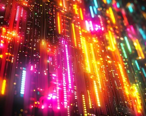 Poster - Futuristic circuit board with neon lights, closeup of electronic components, vibrant colors, abstract style, representing modern technology
