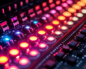 Poster - Futuristic circuit board with neon lights, closeup of electronic components, vibrant colors, abstract style, representing modern technology