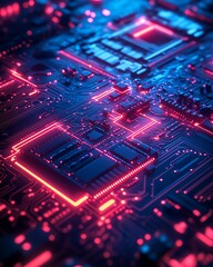 Poster - Futuristic circuit board with glowing neon lights, showcasing modern electronic components, closeup vibrant abstract style, hightech design