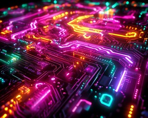 Poster - Futuristic circuit board with neon lights, closeup of electronic components, vibrant colors, abstract style, representing modern technology
