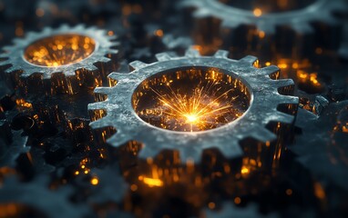Poster - Futuristic gears with glowing electric energy, sparks symbolizing industry and power, tech innovation in a dynamic mechanical composition