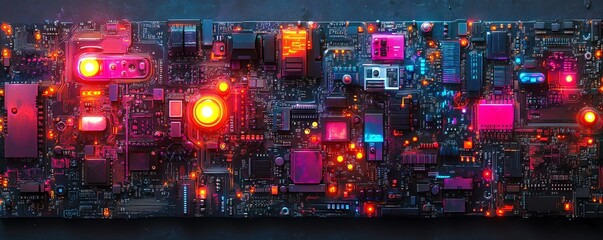 Poster - Neonlit futuristic circuit board, electronic components glowing in vibrant colors, showcasing modern technology, abstract closeup composition