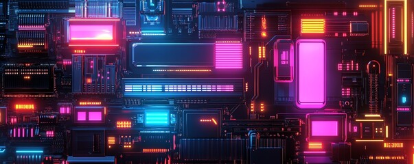 Poster - Neonlit futuristic circuit board, electronic components glowing in vibrant colors, showcasing modern technology, abstract closeup composition