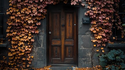 Poster - Autumn leaves on an old wooden door of a stone house