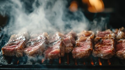 Wall Mural - Sliced Meat Cooking on Grill with Smoke for Shabu Shabu and Barbecue Dishes