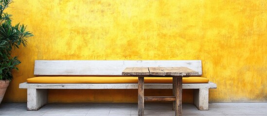 Wall Mural - modern minimalist sofa and rustic table in natural light with vibrant yellow wall background showcas