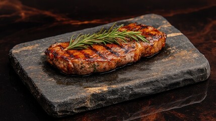 Wall Mural - Grilled meat steak with rosemary presented on a stone board enhancing its flavor and texture in an elegant side view.