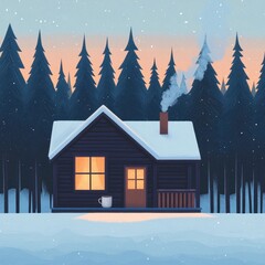 Poster - Cozy Cabin in Winter Landscape with Snow and Smoky Chimney