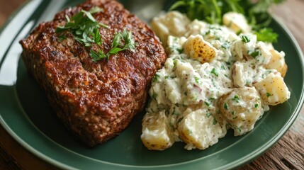 Wall Mural - Meatloaf served with creamy potato salad on a green plate garnished with fresh herbs delicious comfort food dinner option