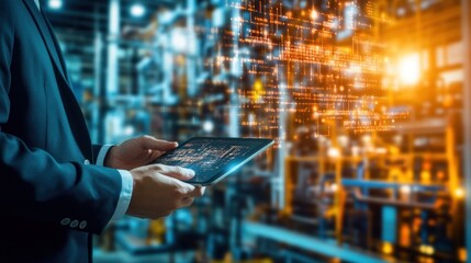 Fototapete - A businessman using a tablet in a high-tech industrial setting, showcasing digital transformation.