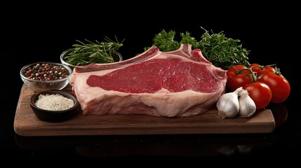 Sticker - Raw pork steak surrounded by fresh herbs, spices, garlic, and tomatoes on a dark background showcasing a rustic kitchen setting.