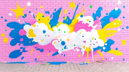 Poster - Colorful graffiti art on pink brick wall.