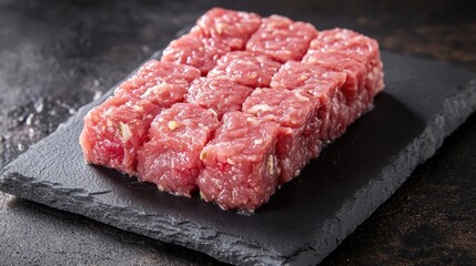 Poster - Freshly prepared meat tartare artistically arranged on a black slate plate ready for gourmet presentation and culinary delight