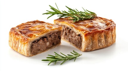 Wall Mural - Savory meat pie with rosemary garnish cut in half on a clean white background for culinary and food photography themes